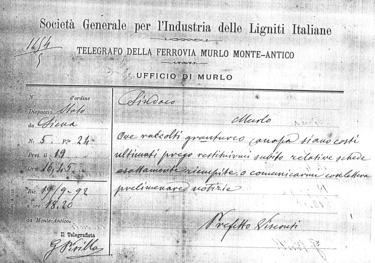 Dispaccio dall'Ufficio telegrafico di Murlo (1892)