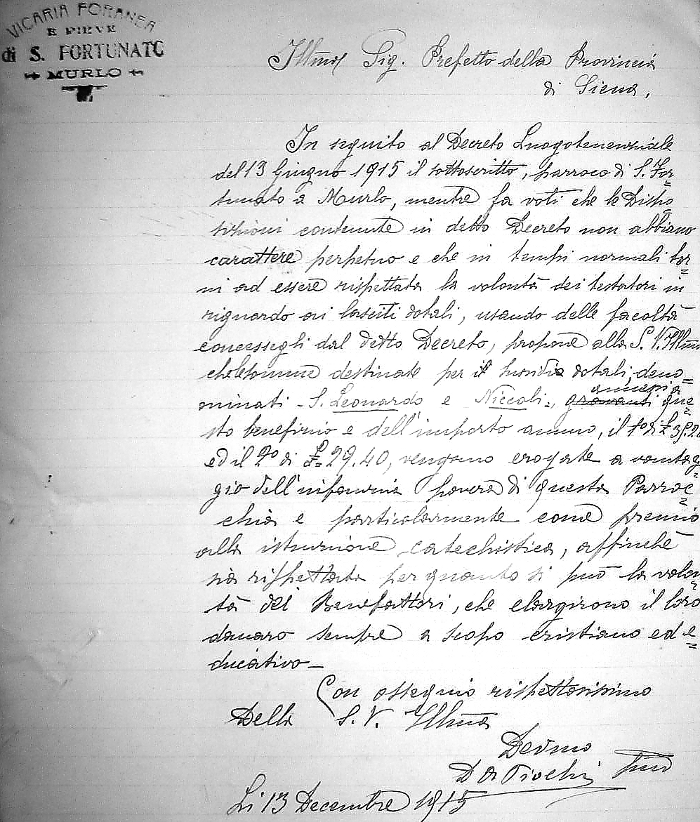 La lettera del parroco Piochi - 1915