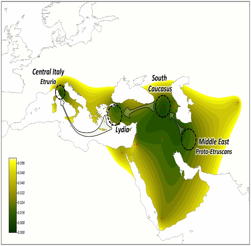 Ipotesi migrazione Etruschi (da Pardo Seco et al., 2014)