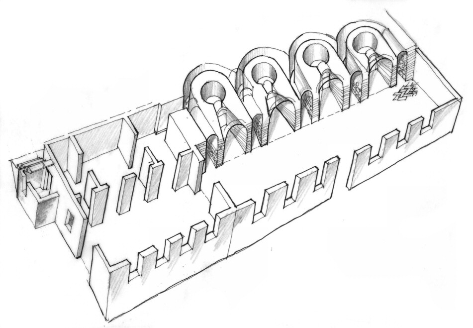 Vista assonometrica del complesso di fornaci - disegno di Luciano Scali