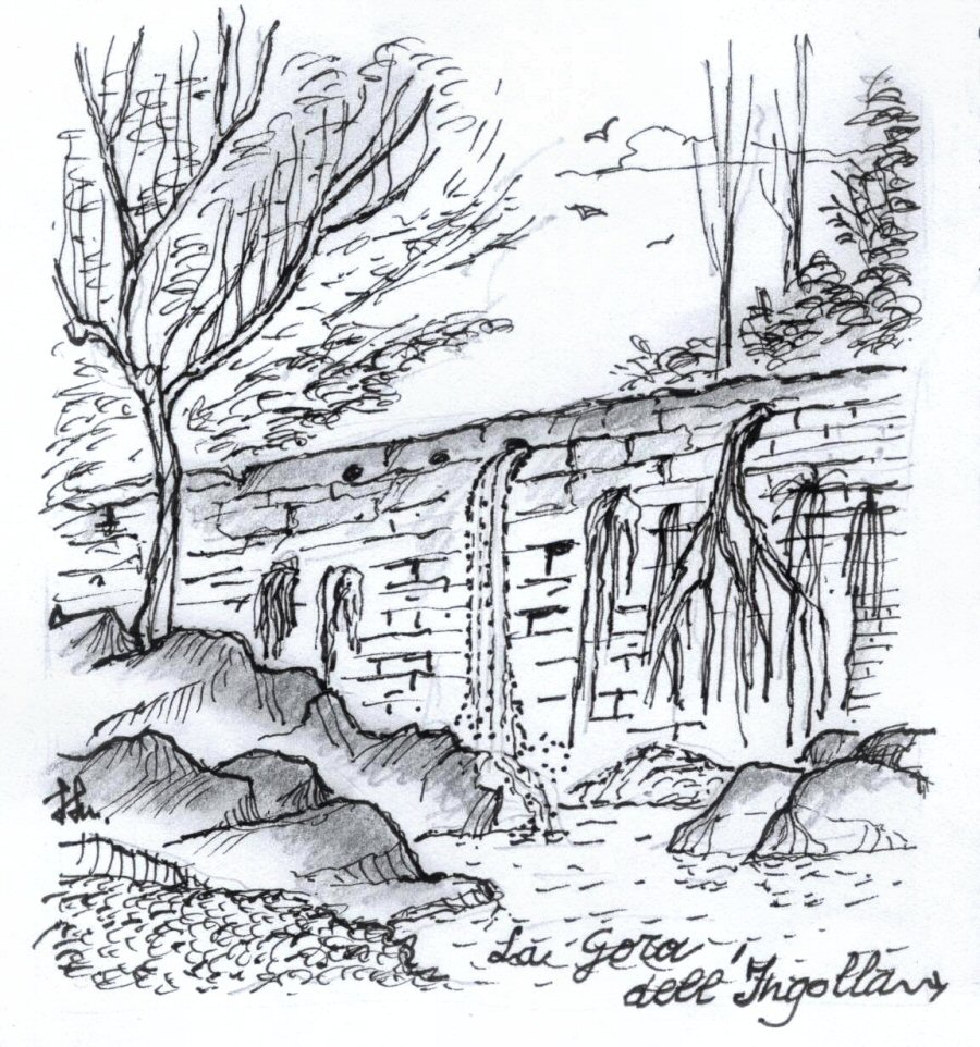 La cascata dell'Ingolla a Lupompesi - disegno di Luciano Scali