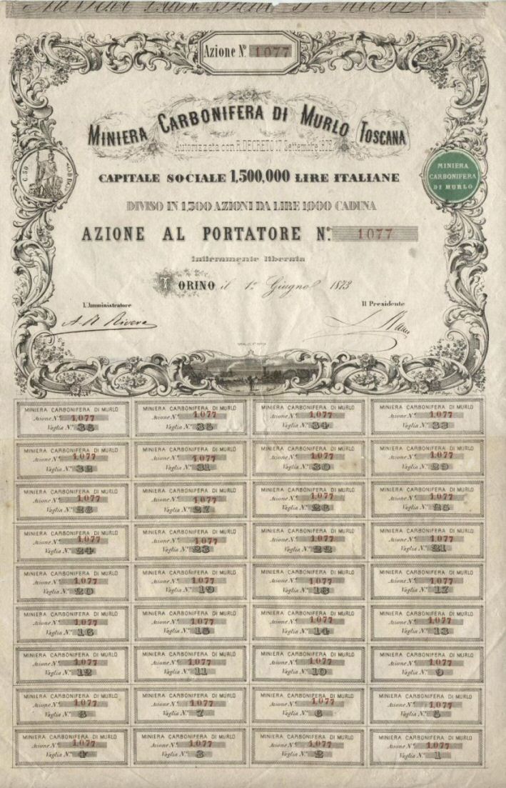 Un'azione della Società della Miniera Carbonifera di Murlo, 1872 - Murlo, archivio privato