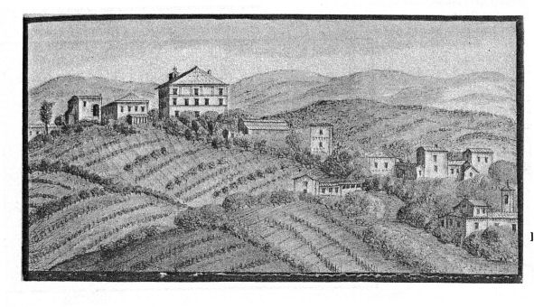 La Chiesa di S. Pietro e la Villa Bichi-Ruspoli a Radi - disegno di Romagnoli