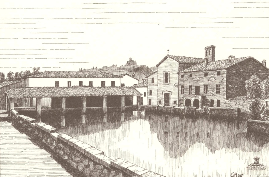 Bagno Vignoni-La piazza d'acqua termale - disegno di Agostino Golinelli